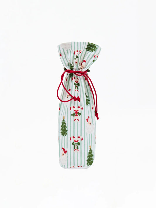 Wine Bottle Bag - Green Stripe Santa