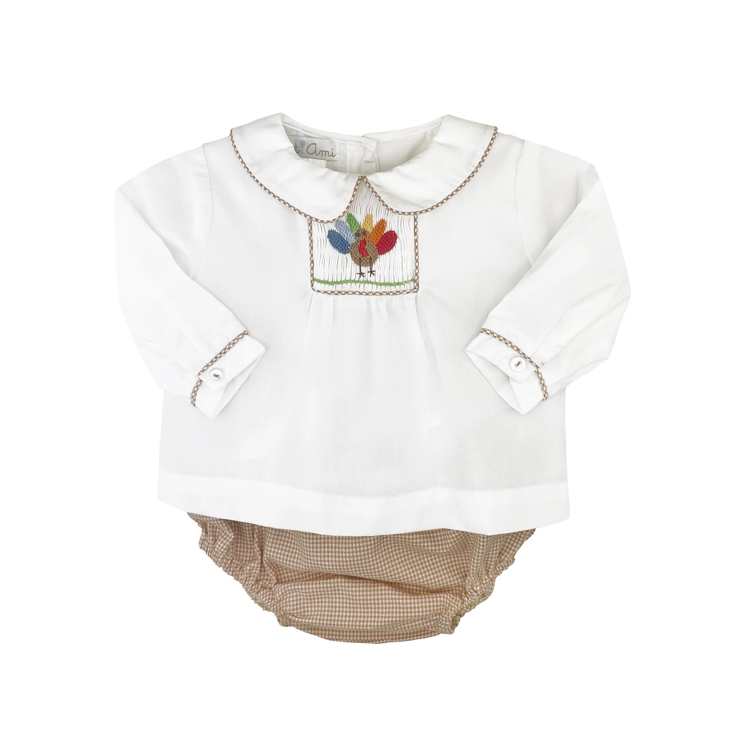 Petit Ami - Smocked Turkey Diaper Set - Pink or Brown Trim