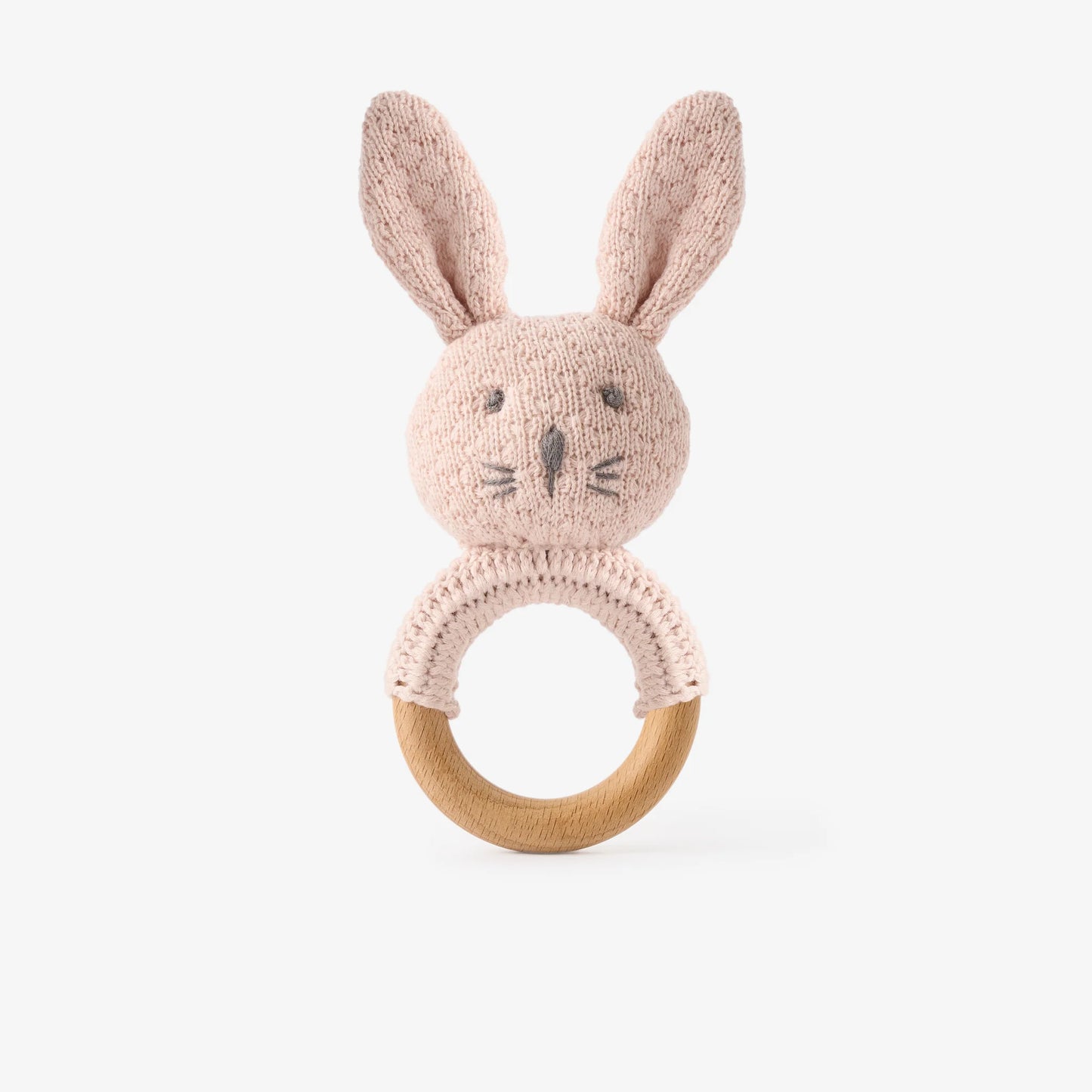 Elegant Baby - Knit Bunny Wooden Ring Rattle - Pink or Blue