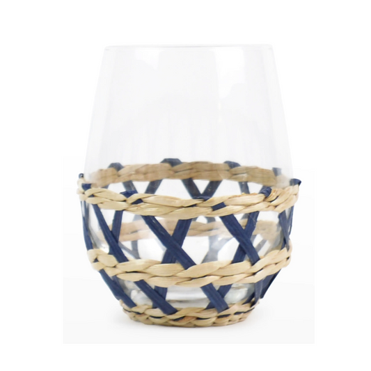 Stemless Wine Glass with Blue Rattan Cover