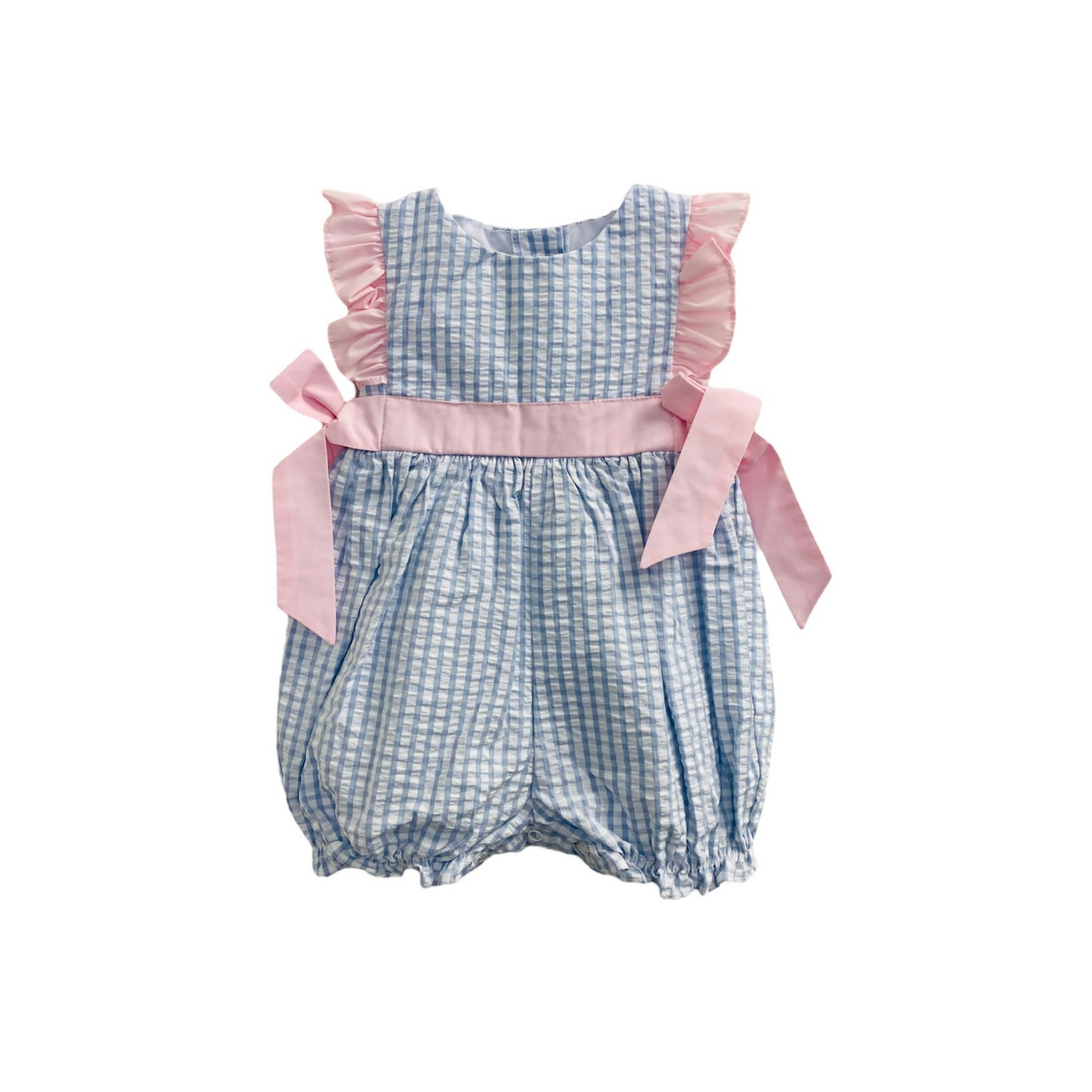 Blue Gingham Check Seersucker Bubble with Pink Ties