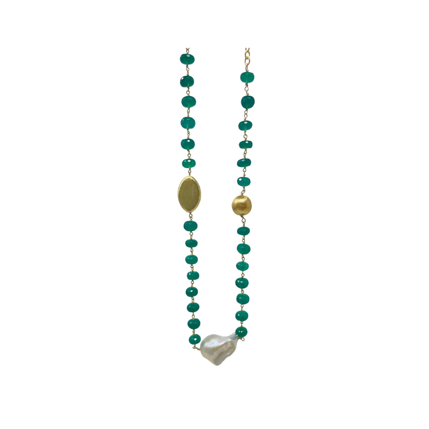 Green Onyx Necklace with Pearl and Gold Beads