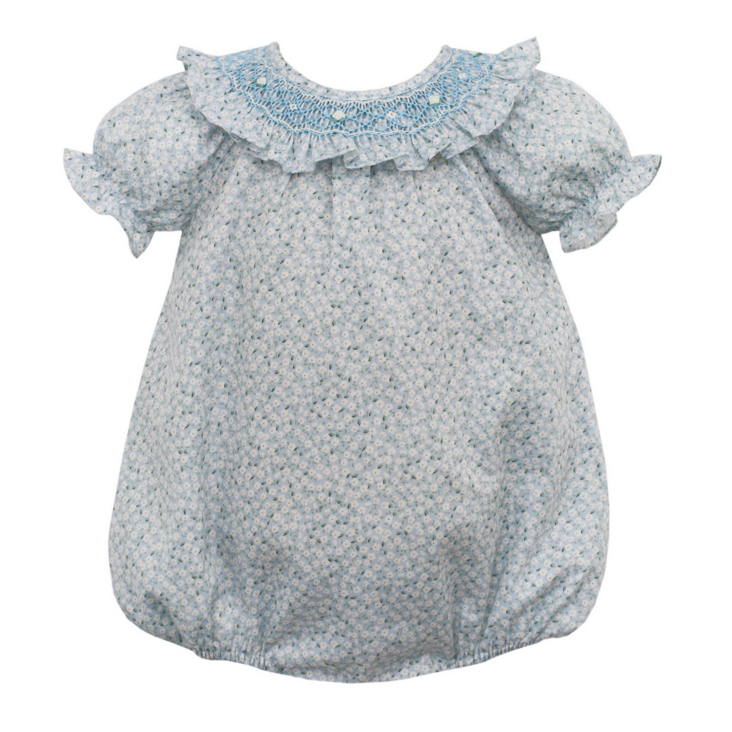 Blue and White Floral Smocked Bubble