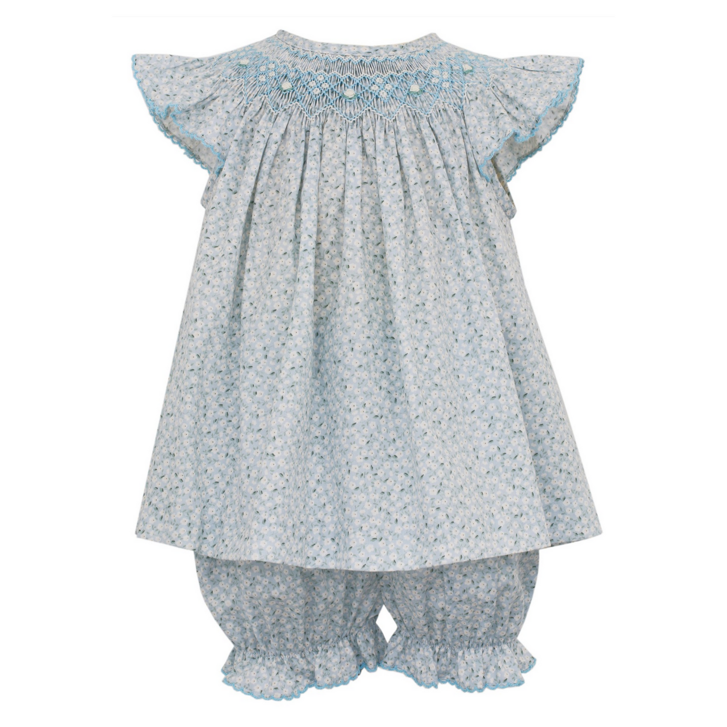 Blue and White Floral Smocked Dress with Bloomers