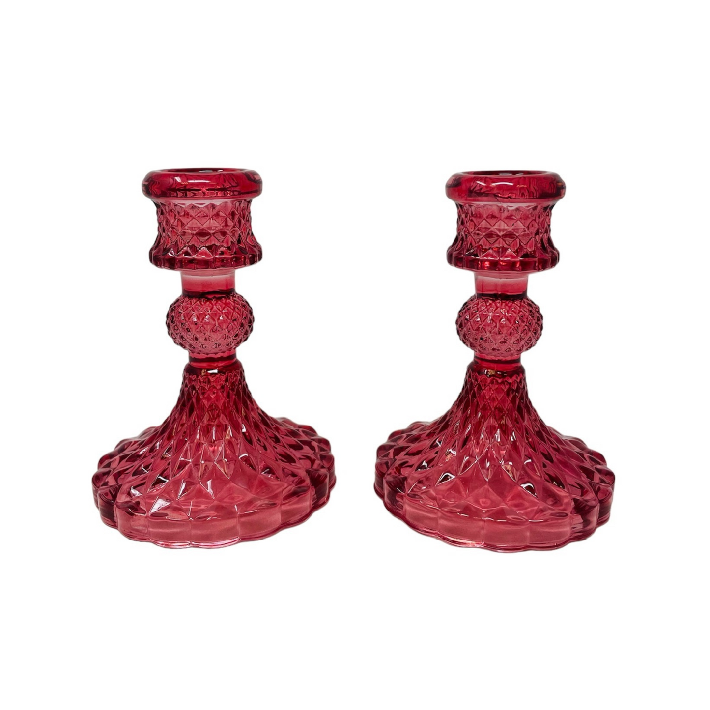 Short Pink Glass Candlesticks set of 2