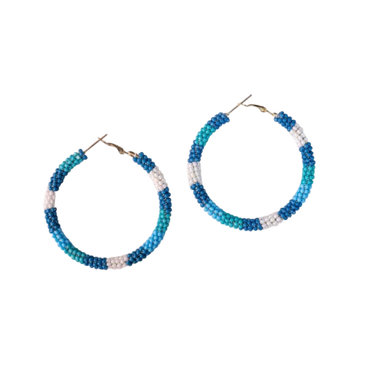 Large Blue, Aqua and White Beaded Hoop Earrings