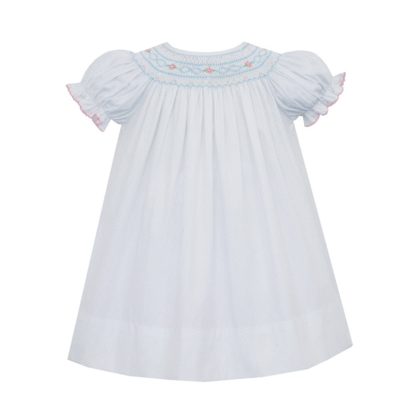 Petit Bebe - Blue and White Mini Dot Dress with Pink Smocked Flowers