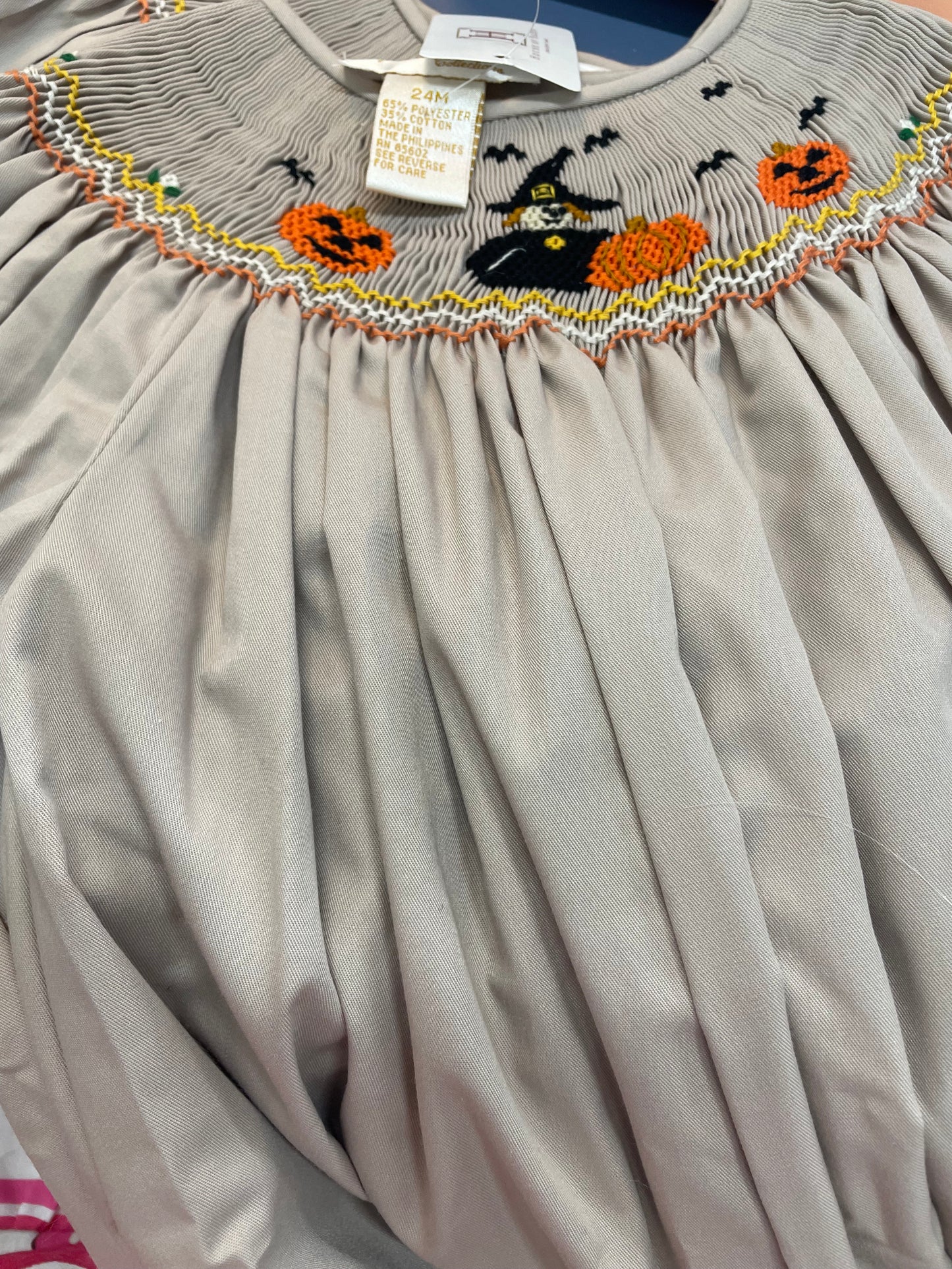 Rosalina - Khaki Smocked Dress with Witch and Pumpkins