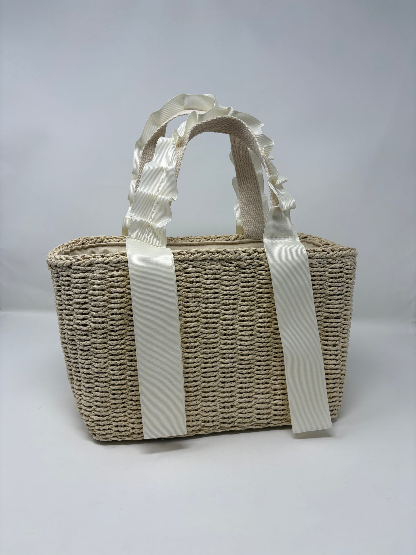 Straw Bag with Ruched Grosgrain Ribbon - Two Colors