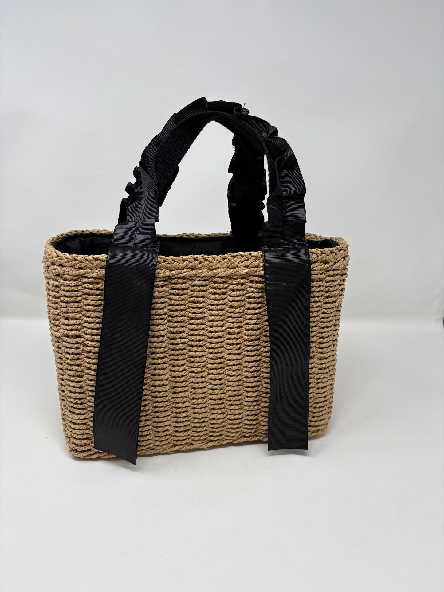 Straw Bag with Ruched Grosgrain Ribbon - Two Colors