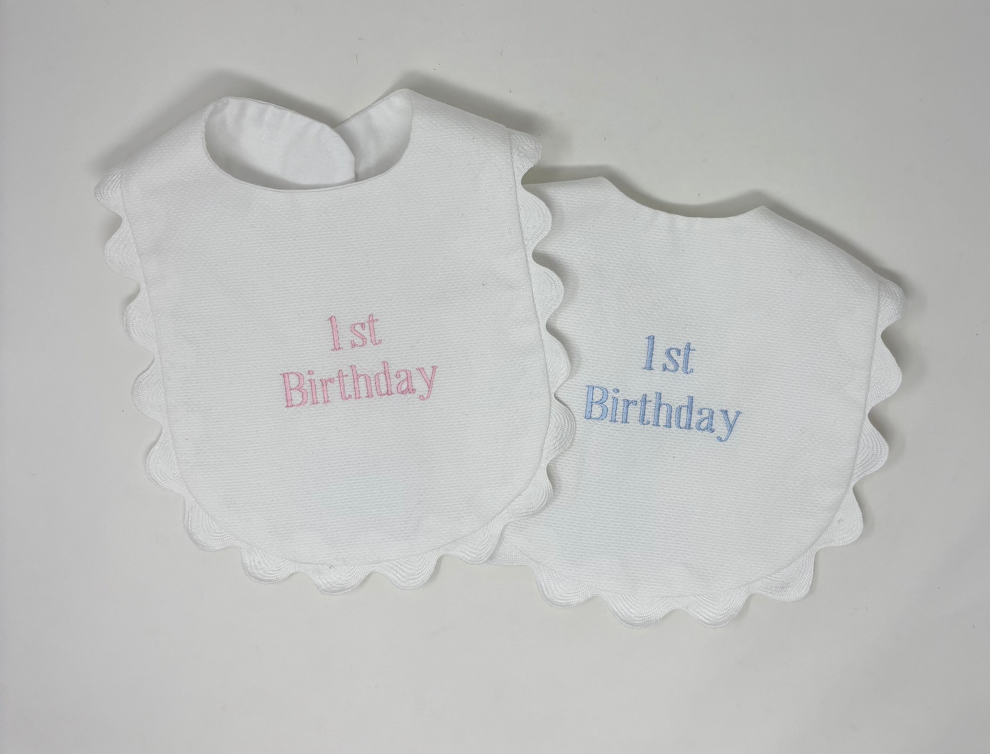 White Scalloped and Embroidered 1st Birthday Bib - Blue or Pink