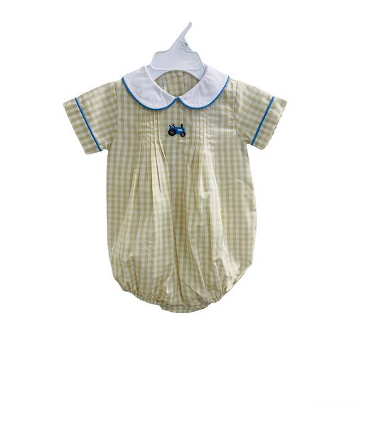 Beige Gingham Check Boy's Bubble with Smocked Tractor