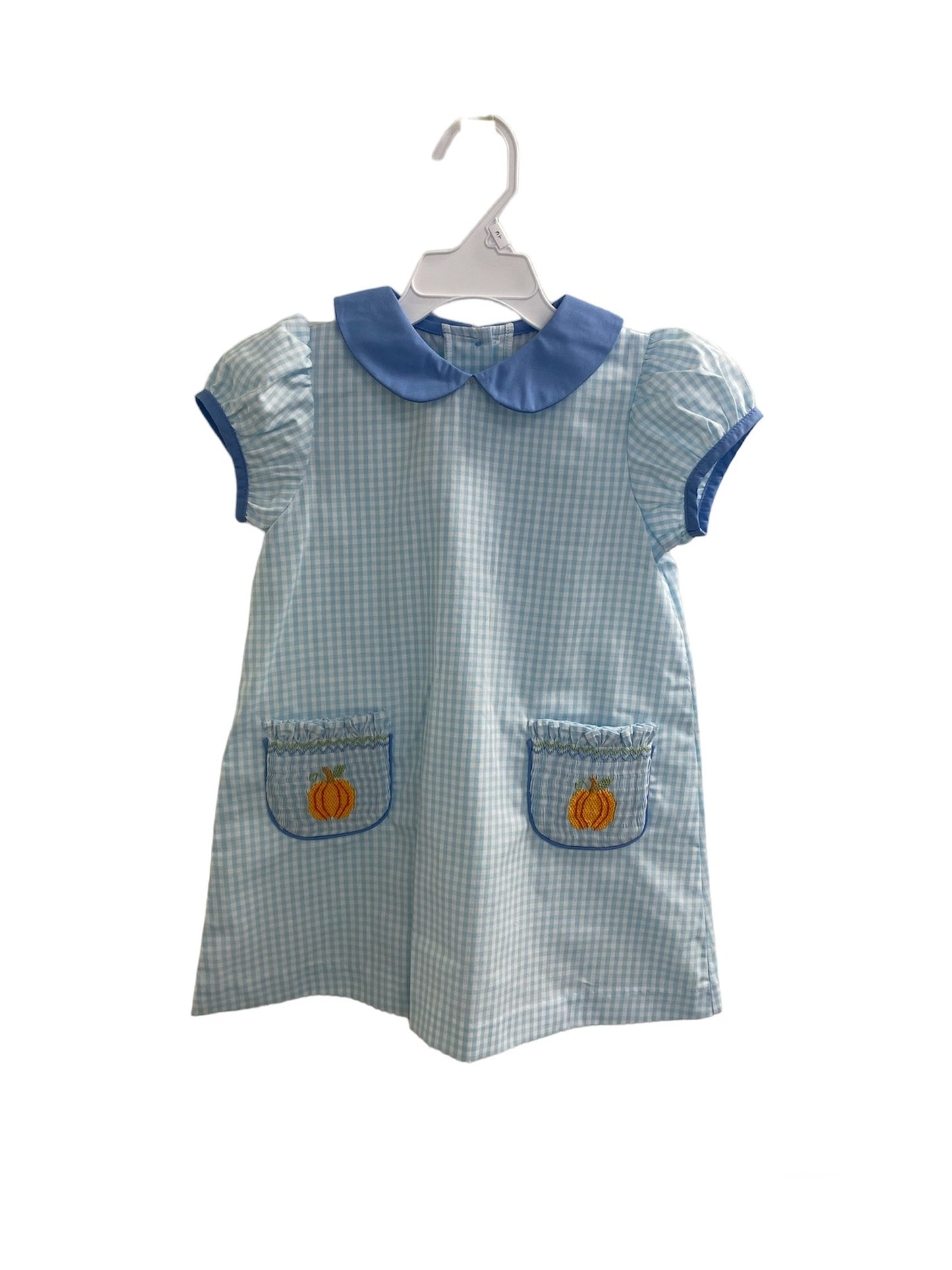 Blue and White Gingham Dress with Smocked Pumpkin Pockets