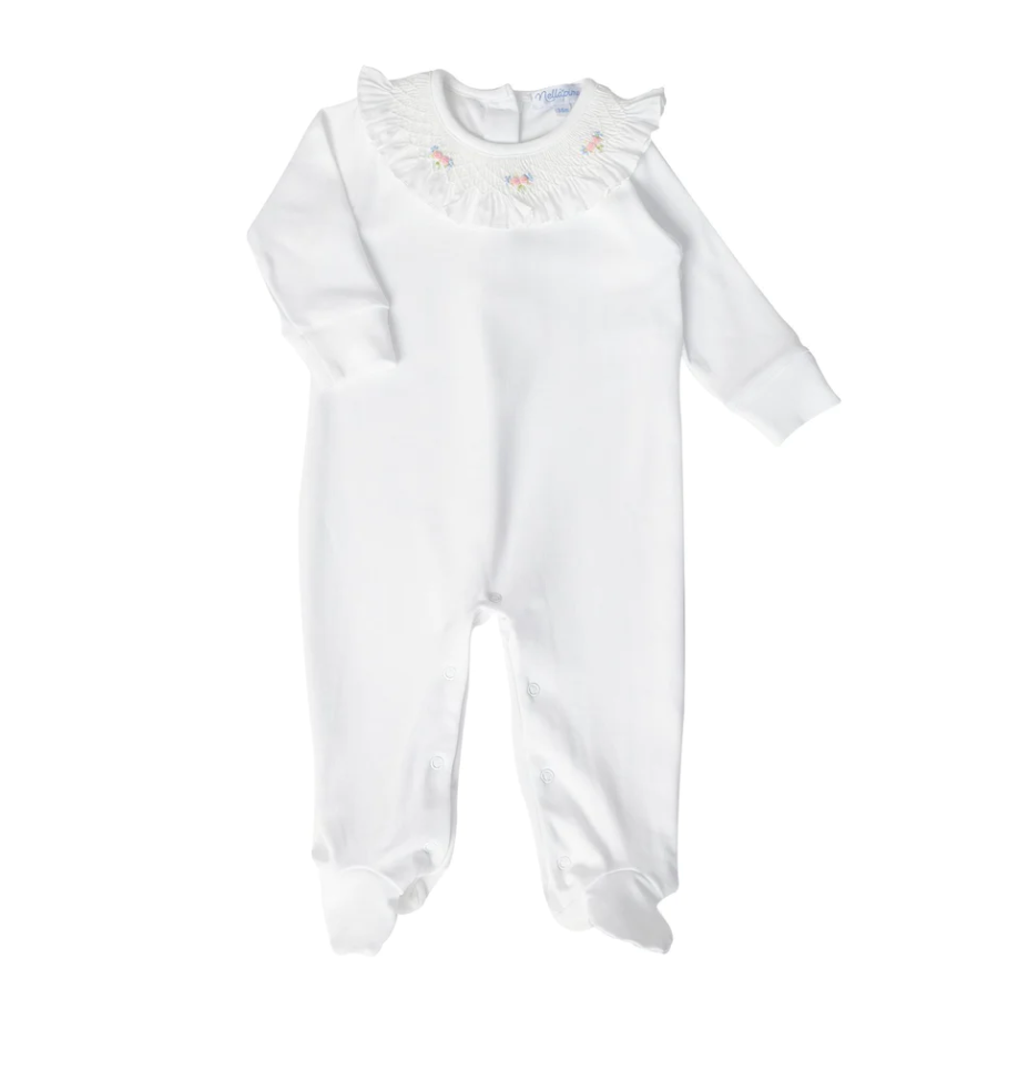 Nella Pima - White Footed Onesie with Pink Smocked Flowers