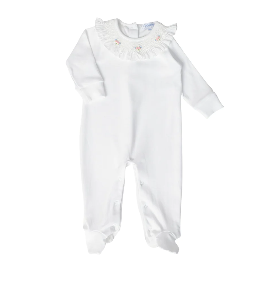 White Footed Onesie with Pink Smocked Flowers