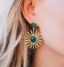 Gold Starburst Earrings with Green Stones