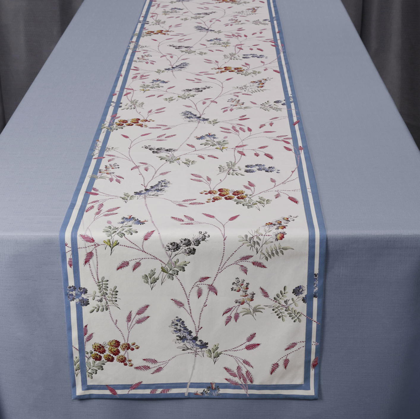 Blue Floral Linen Table Runner