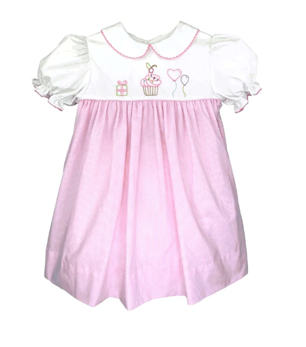 Petit Ami - Pink Gingham Birthday Dress with Embroidered Cupcake