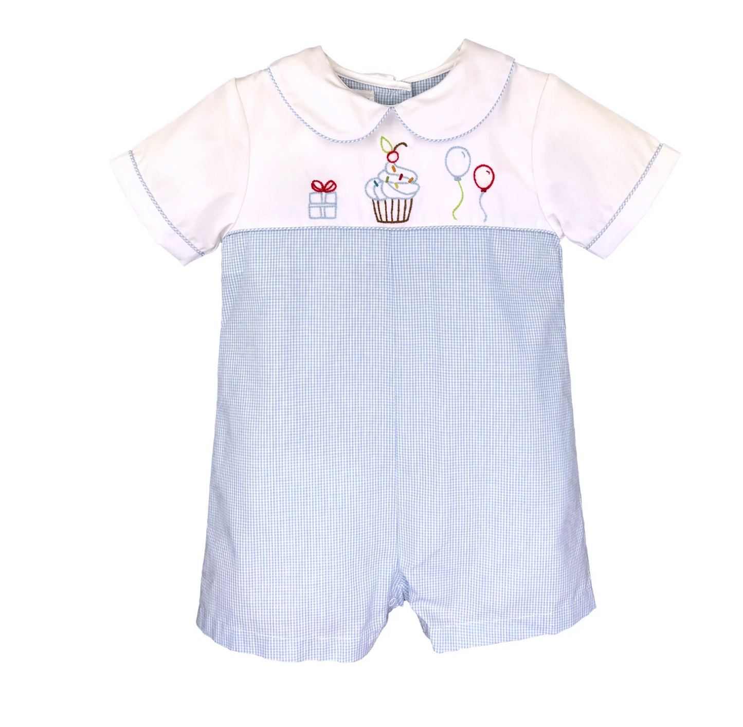 Petit Ami - Blue Check Birthday Romper with Embroidered Cupcake