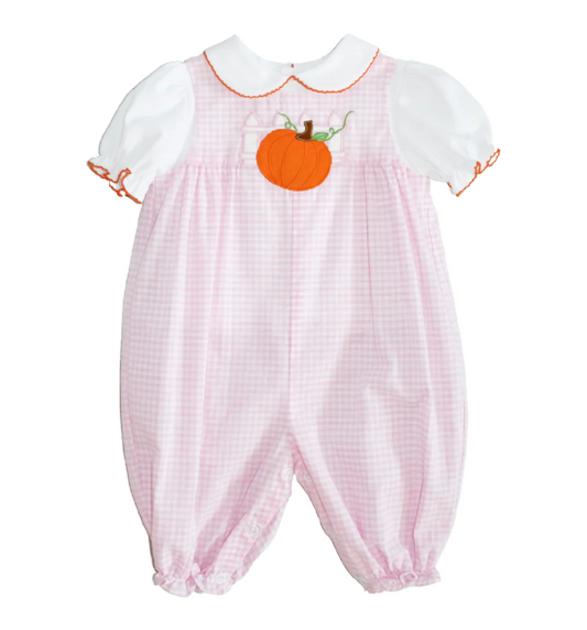 Petit Ami - Pink Check Girls Jumper with Embroidered Pumpkin