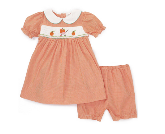Petit Ami - Orange Check Smocked Pumpkin Dress with Bloomers