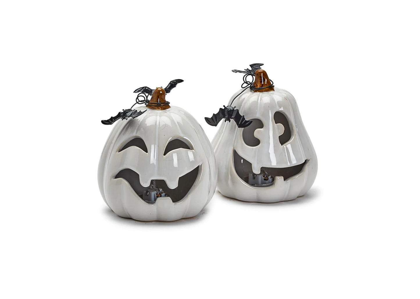 Gray Ceramic Jack O Lantern with Bats   LED Light - 2 Designs