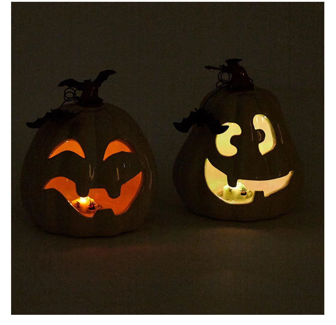 Gray Ceramic Jack O Lantern with Bats   LED Light - 2 Designs