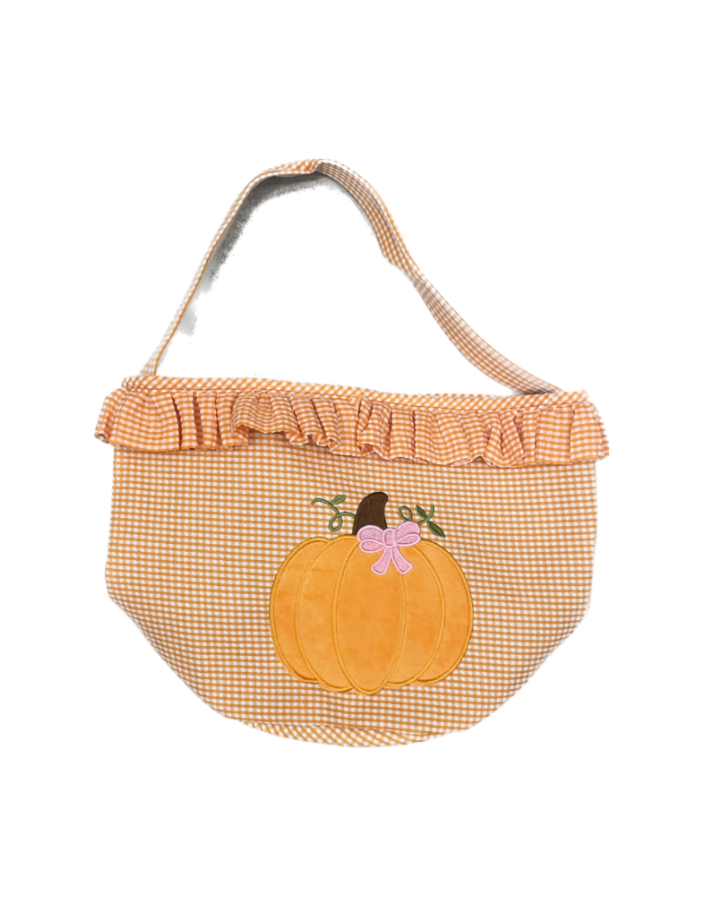 Orange Gingham Embroidered Pumpkin Tote with Ruffle