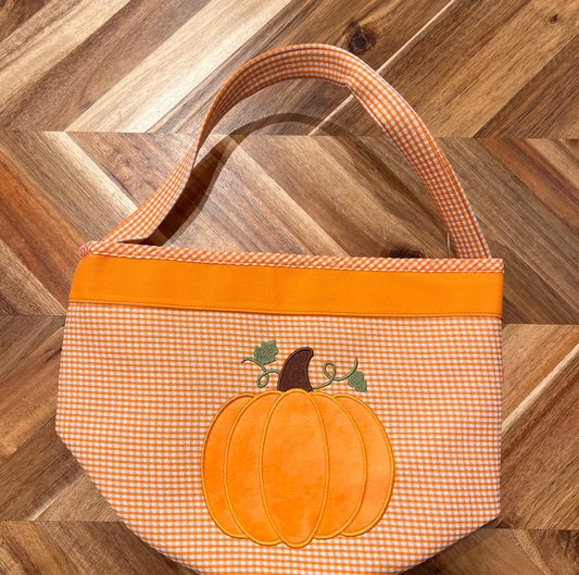 Bits and Bows - Orange Gingham Tote with Embroidered Pumpkin