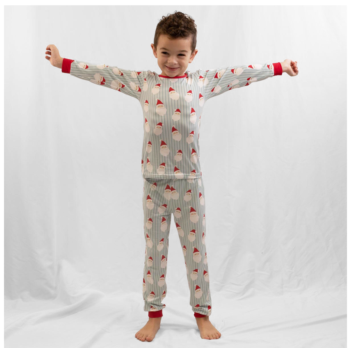 Blue Long Sleeve Pajama Set with Santa Faces