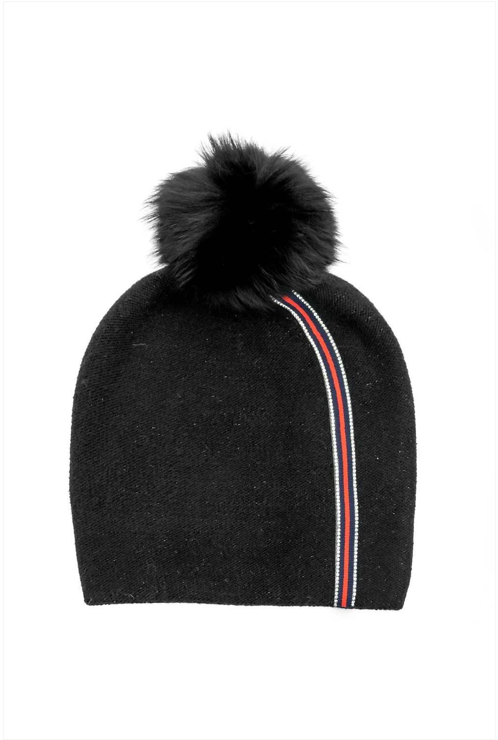 Black Beanie with Red Stripe and Fox Pom Pom