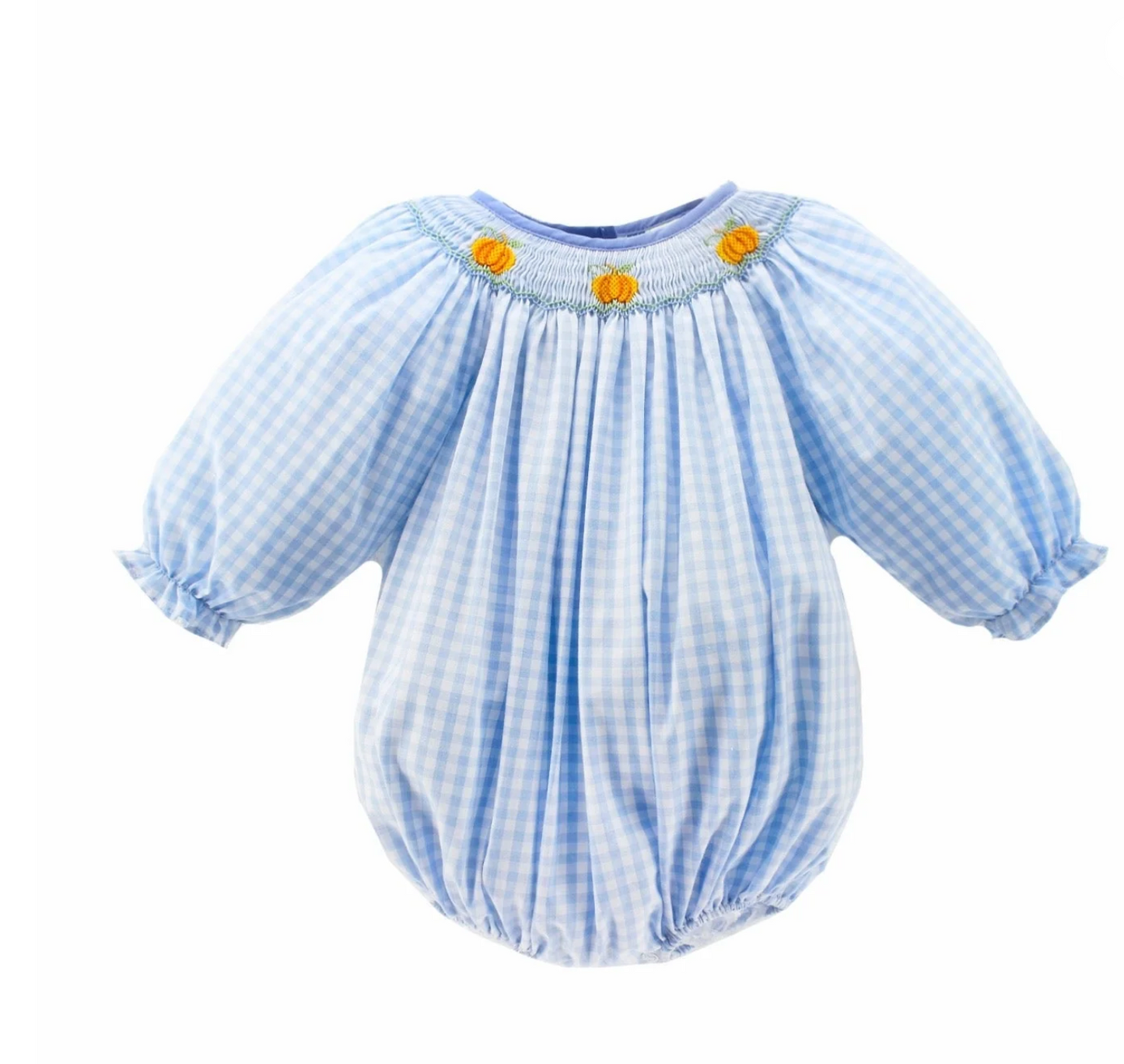 Blue and White Gingham Check Bubble with Smocked Pumpkins