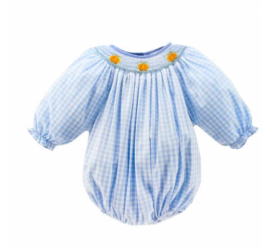 Zuccini Kids - Blue and White Gingham Check Bubble with Smocked Pumpkins