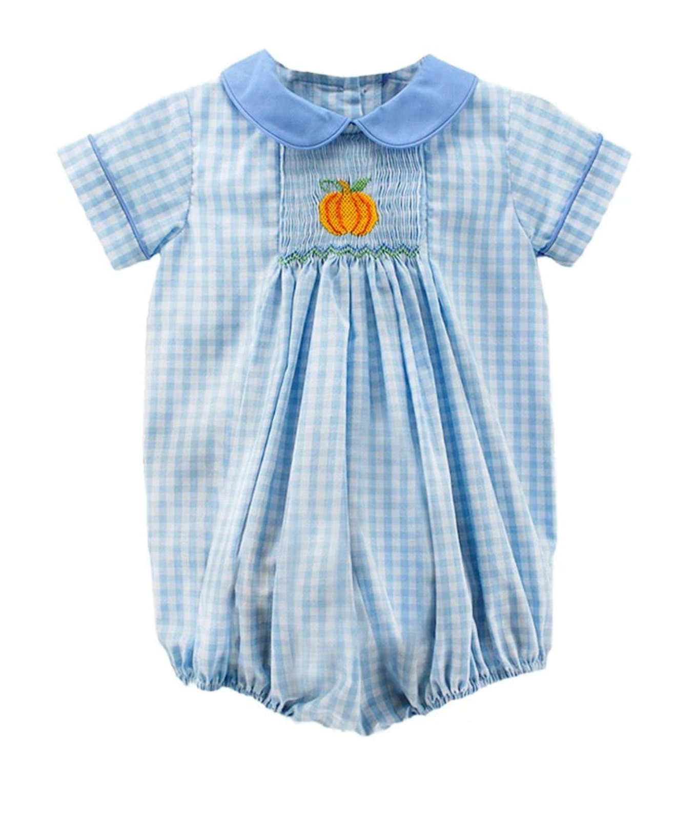 Boy's Blue and White Gingham Bubble with Smocked Pumpkin
