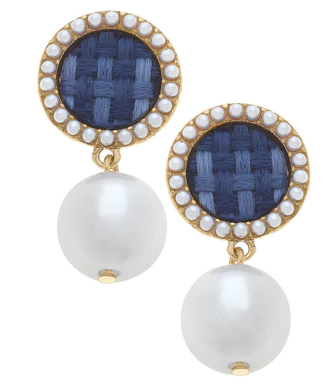 Blue Tweed Pearl Drop Earrings