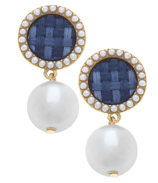 Blue Tweed Pearl Drop Earrings