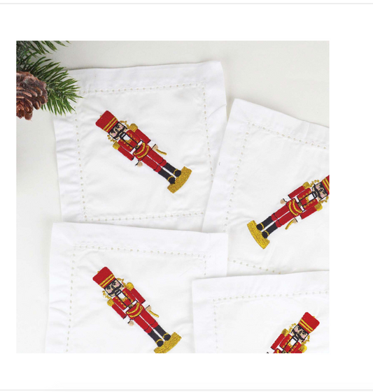 White Embroidered Nutcracker Cocktail Napkins - Set of 4