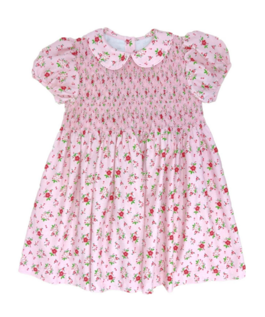 Pink Smocked Dress with Poinsettia Flowers