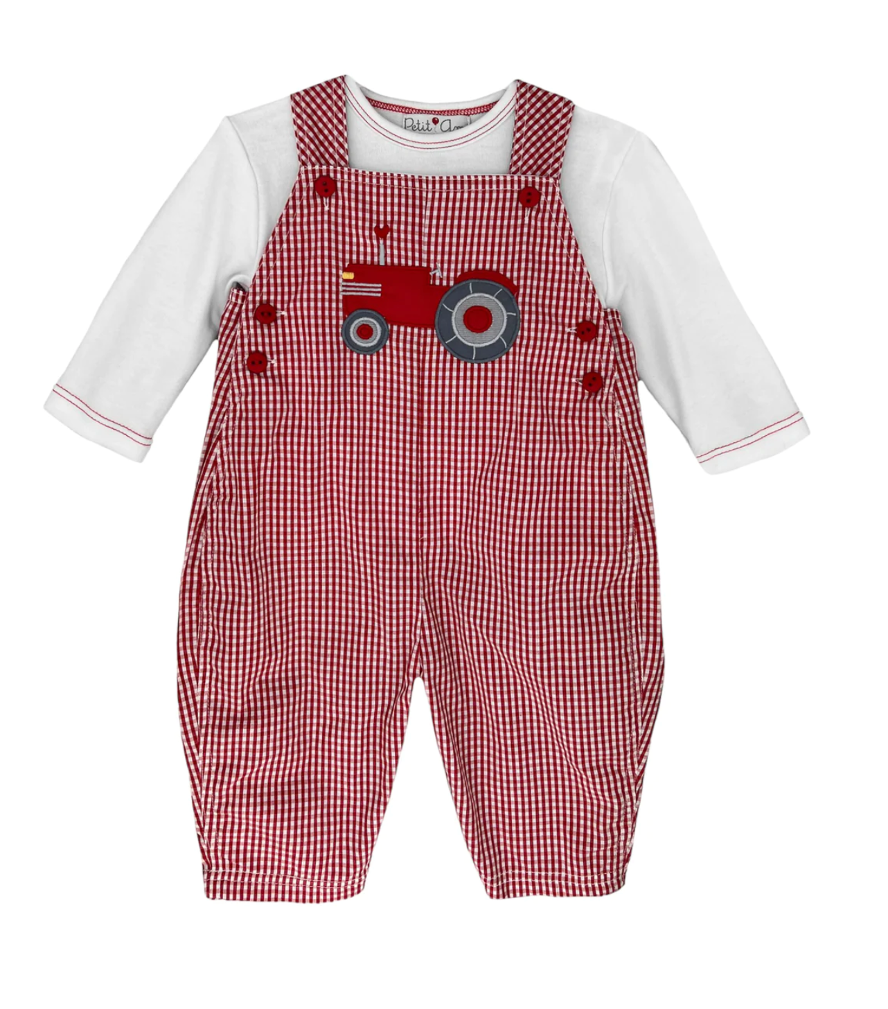 Petit Ami - Red Gingham Check Jumper with Tractor