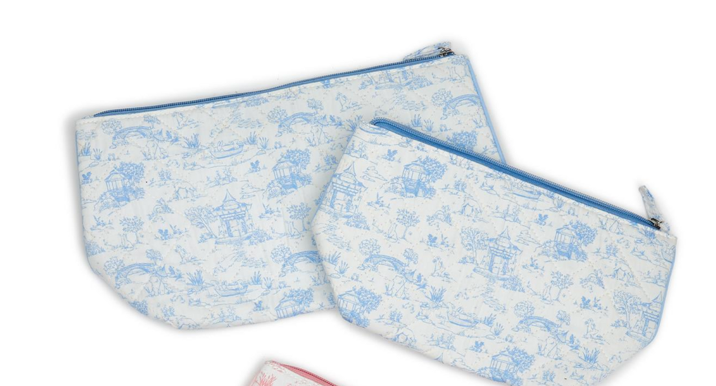 Toile Quilted Pouch - Blue - Two Sizes