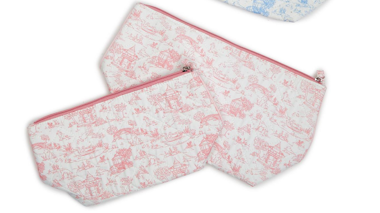 Toile Quilted Pouch - Pink - Two Sizes