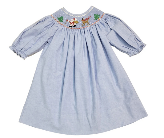 Sweet Dreams - Blue Smocked Santa and Reindeer Dress