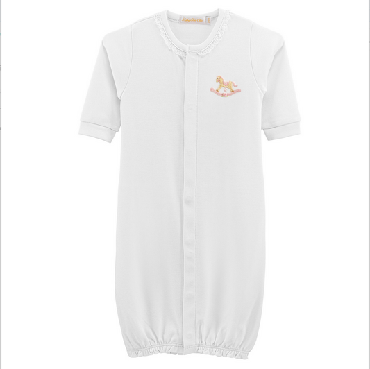 Baby Club Chic - Pink Rocking Horse - White Converter Gown with Lace Trim