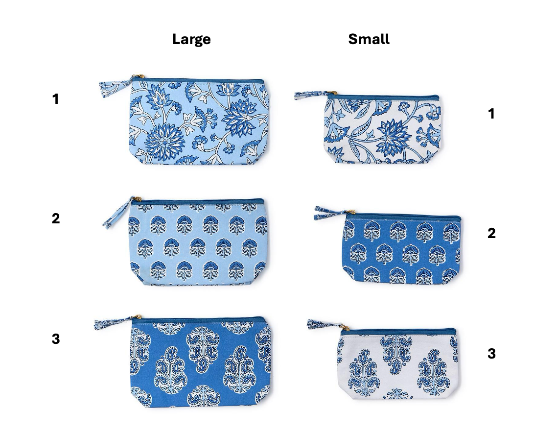 Blue Block Print Pouches - Two Sizes