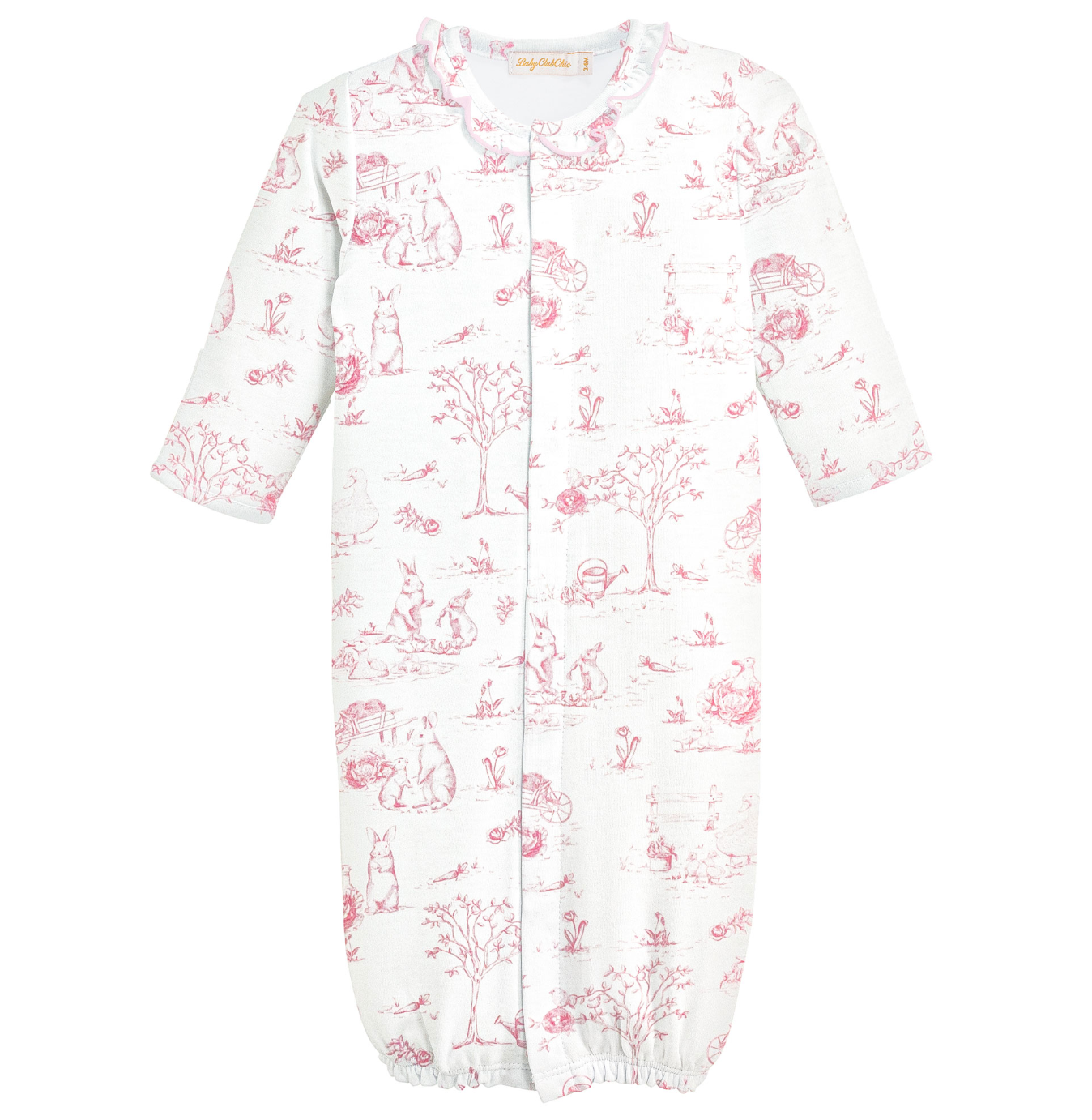 Baby Club Chic - Pink Toile Bunnies - Converter Gown with Ruffle Trim