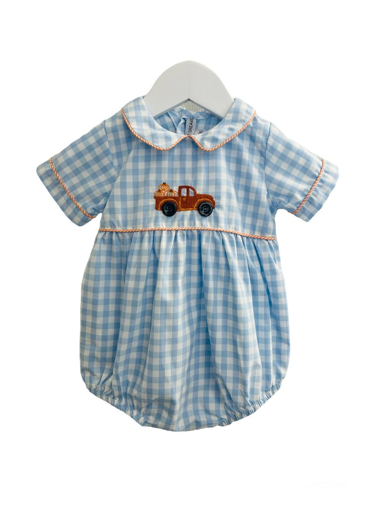 Blue and White Check Bubble with Pumpkins in Truck