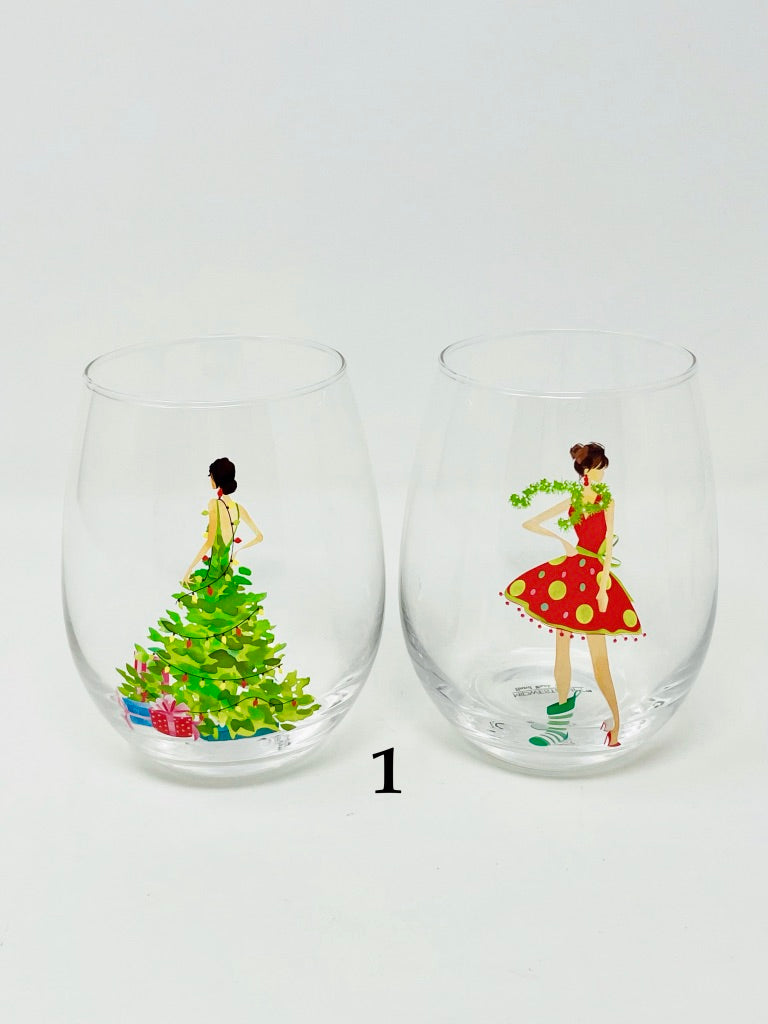 Glam Girl Christmas Stemless Wine Glasses - Set of 2