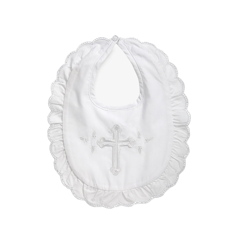 White Ruffle Bib with Embroidered Cross