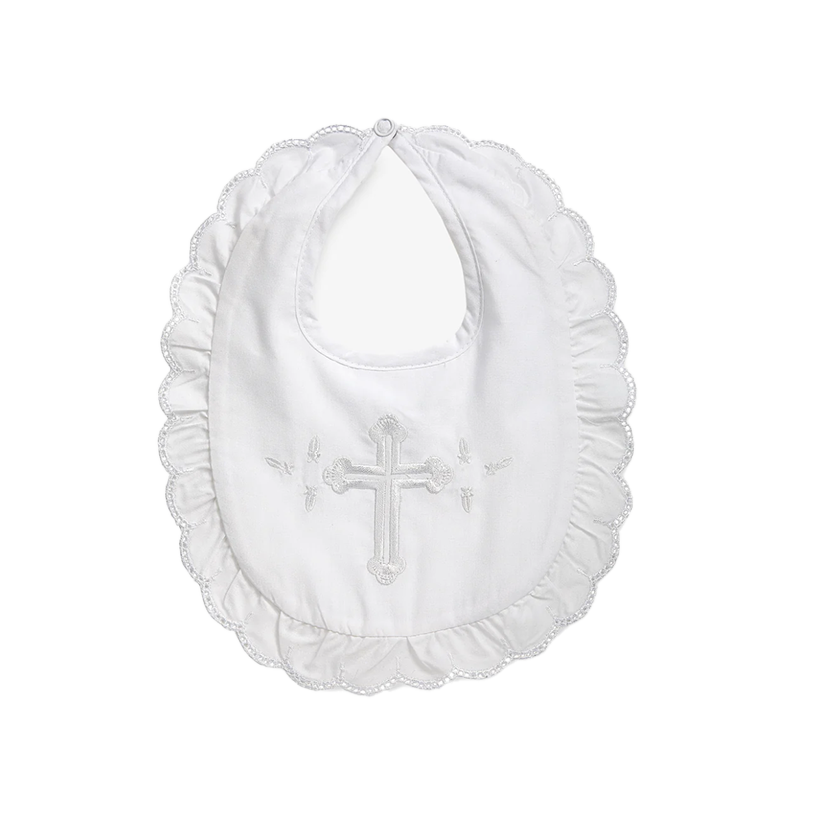 Elegant Baby - White Ruffle Bib with Embroidered Cross