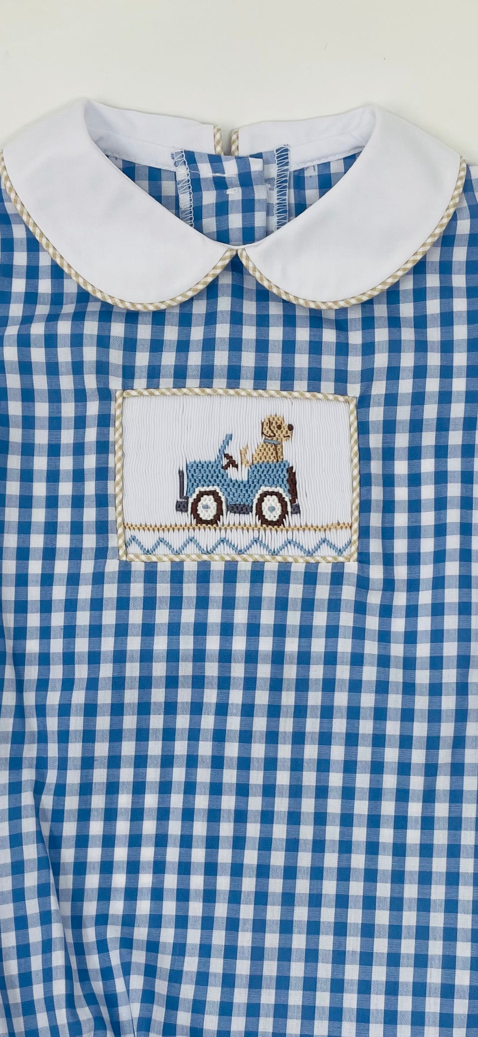 Blue Check Bubble with Smocked Dog in Jeep